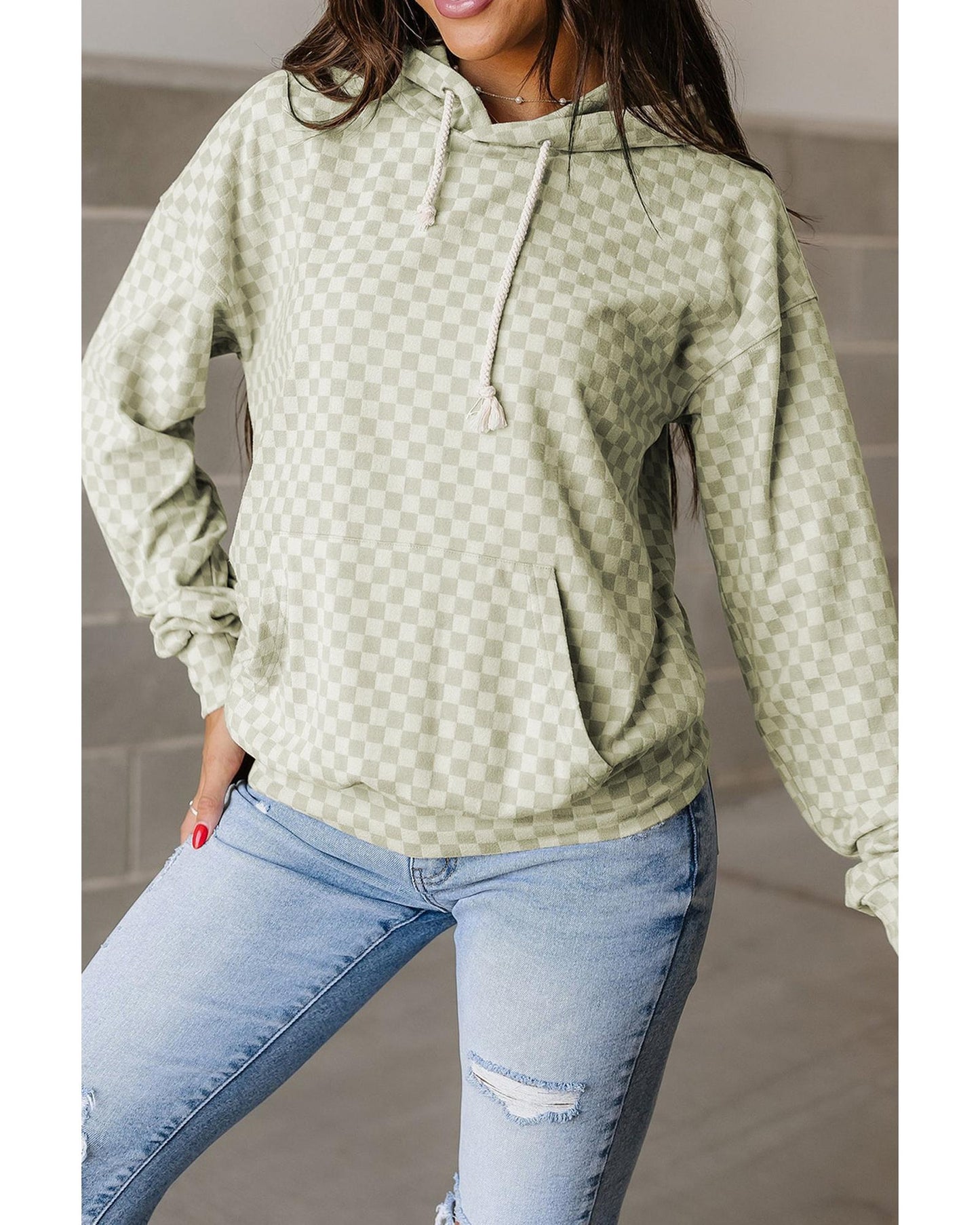 Green Checkered Print Kangaroo Pocket Drawstring Hoodie - M