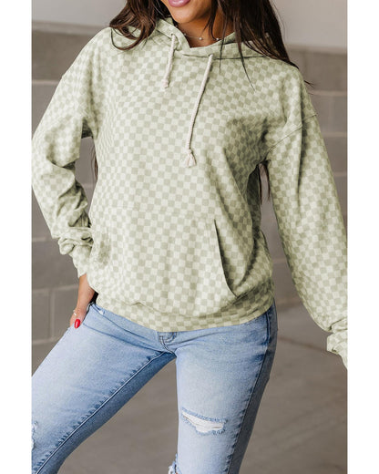 Green Checkered Print Kangaroo Pocket Drawstring Hoodie - M