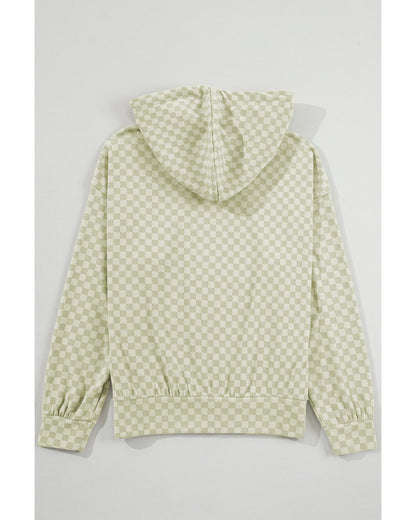 Green Checkered Print Kangaroo Pocket Drawstring Hoodie - M