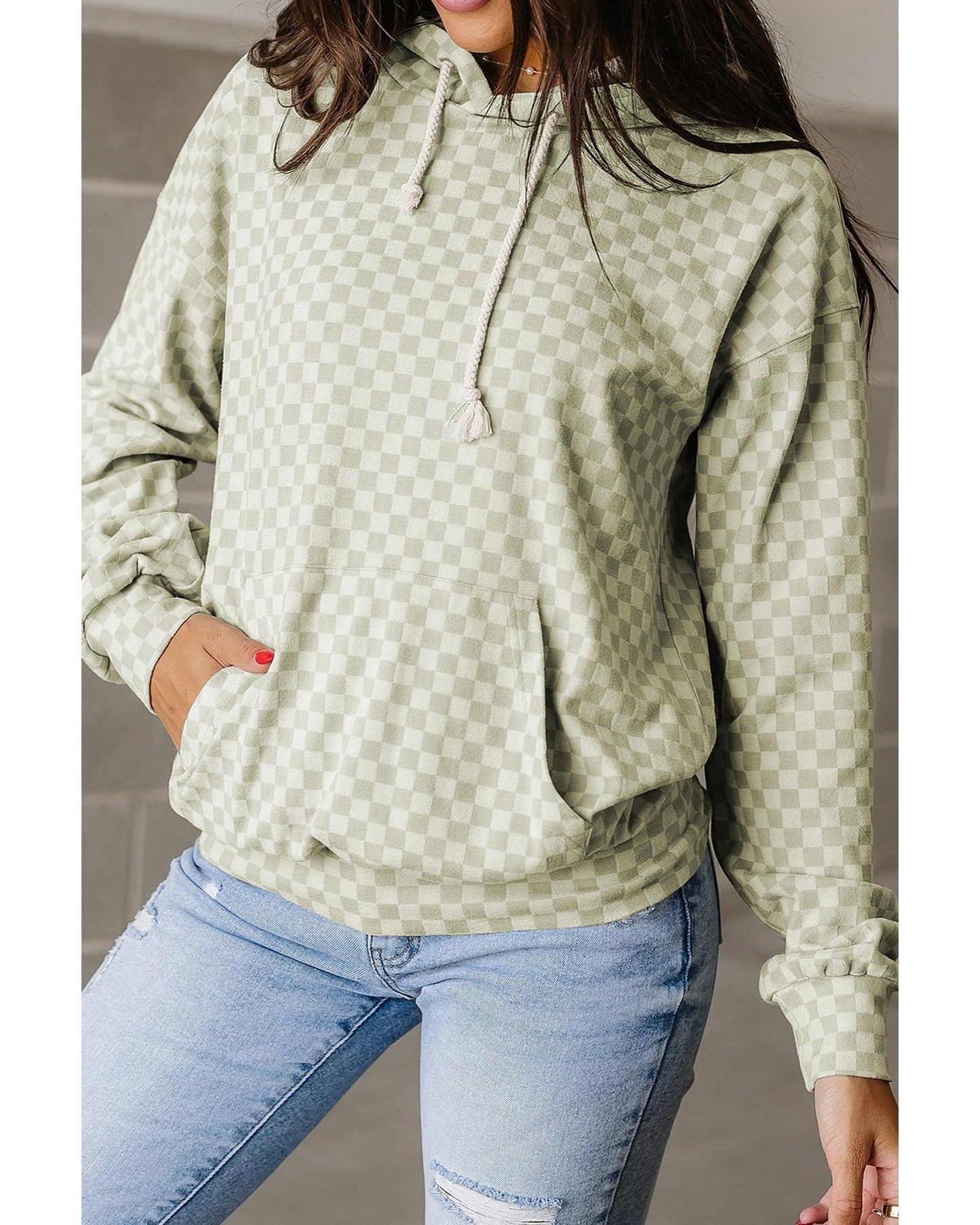 Green Checkered Print Kangaroo Pocket Drawstring Hoodie - M