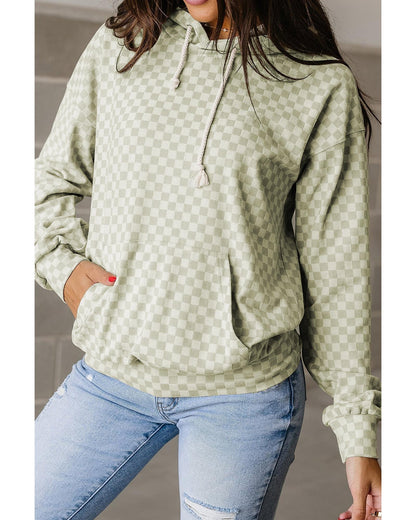 Green Checkered Print Kangaroo Pocket Drawstring Hoodie - M