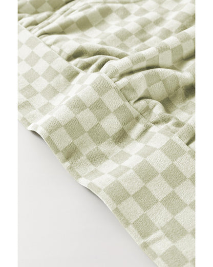 Green Checkered Print Kangaroo Pocket Drawstring Hoodie - M