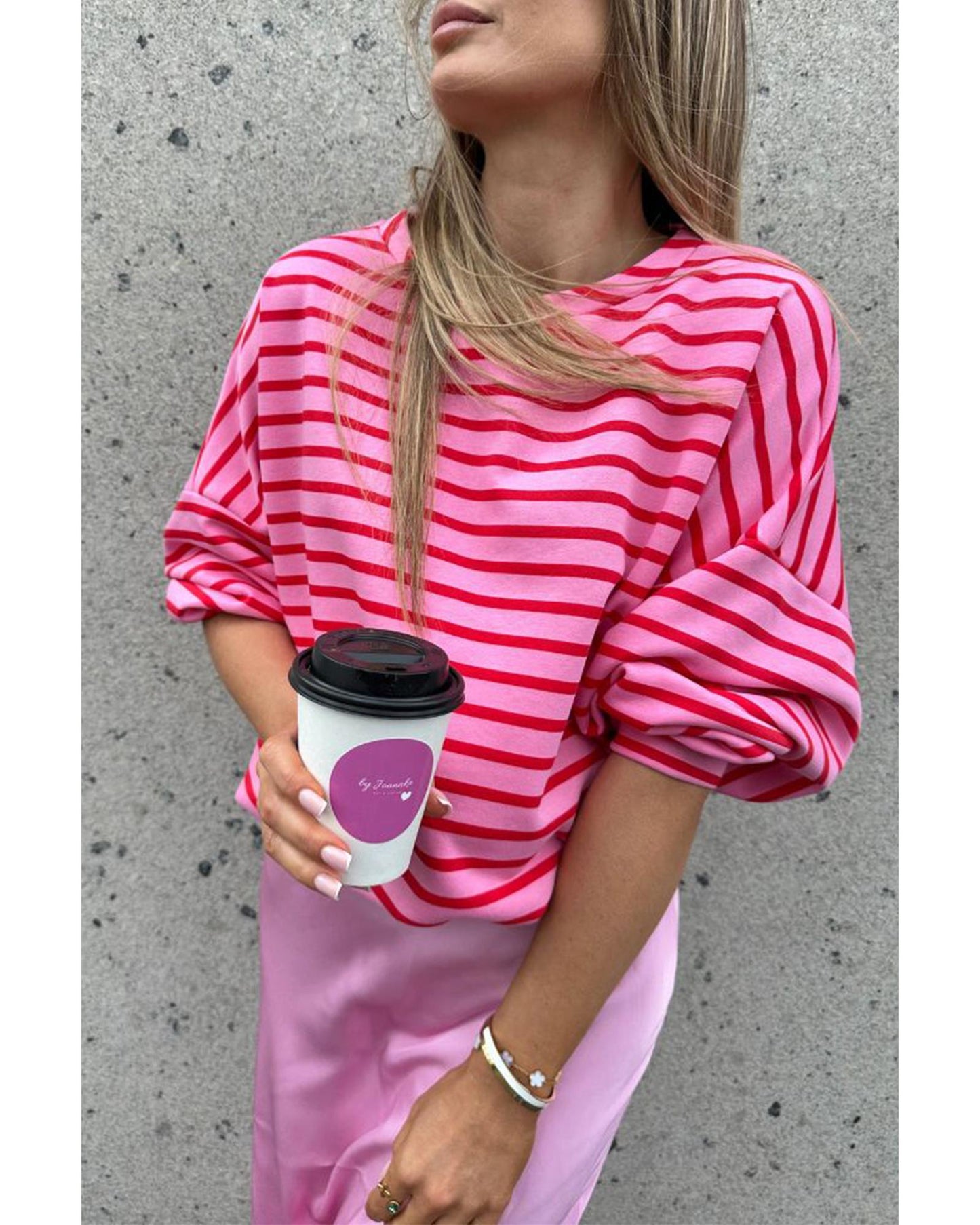 Sachet Pink Striped Print Crew Neck Drop Shoulder Sweatshirt - L
