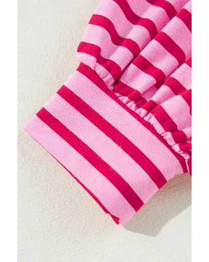 Sachet Pink Striped Print Crew Neck Drop Shoulder Sweatshirt - L