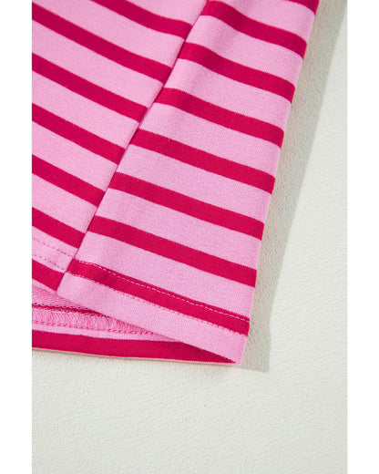 Sachet Pink Striped Print Crew Neck Drop Shoulder Sweatshirt - M