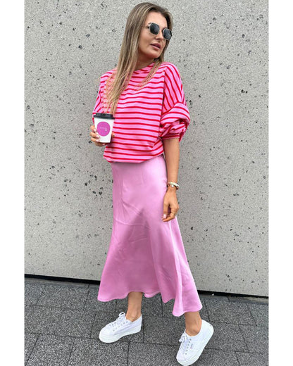 Sachet Pink Striped Print Crew Neck Drop Shoulder Sweatshirt - M
