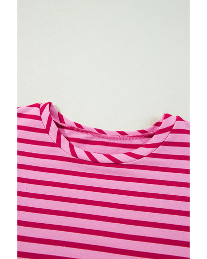 Sachet Pink Striped Print Crew Neck Drop Shoulder Sweatshirt - M