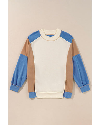 Sky Blue Ribbed Detail Color Block Sleeve Baggy Sweatshirt - M