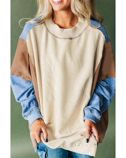 Sky Blue Ribbed Detail Color Block Sleeve Baggy Sweatshirt - M