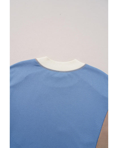 Sky Blue Ribbed Detail Color Block Sleeve Baggy Sweatshirt - M