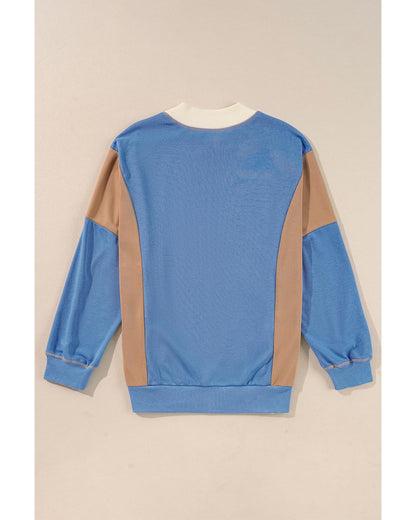 Sky Blue Ribbed Detail Color Block Sleeve Baggy Sweatshirt - M