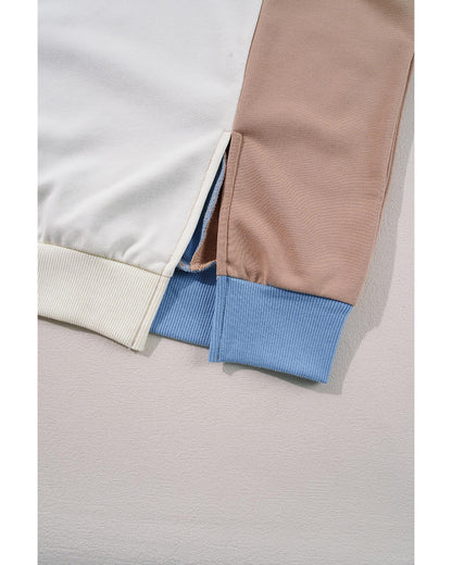Sky Blue Ribbed Detail Color Block Sleeve Baggy Sweatshirt - M
