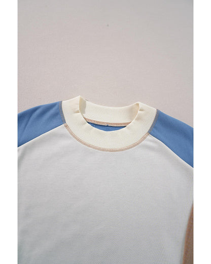 Sky Blue Ribbed Detail Color Block Sleeve Baggy Sweatshirt - XL