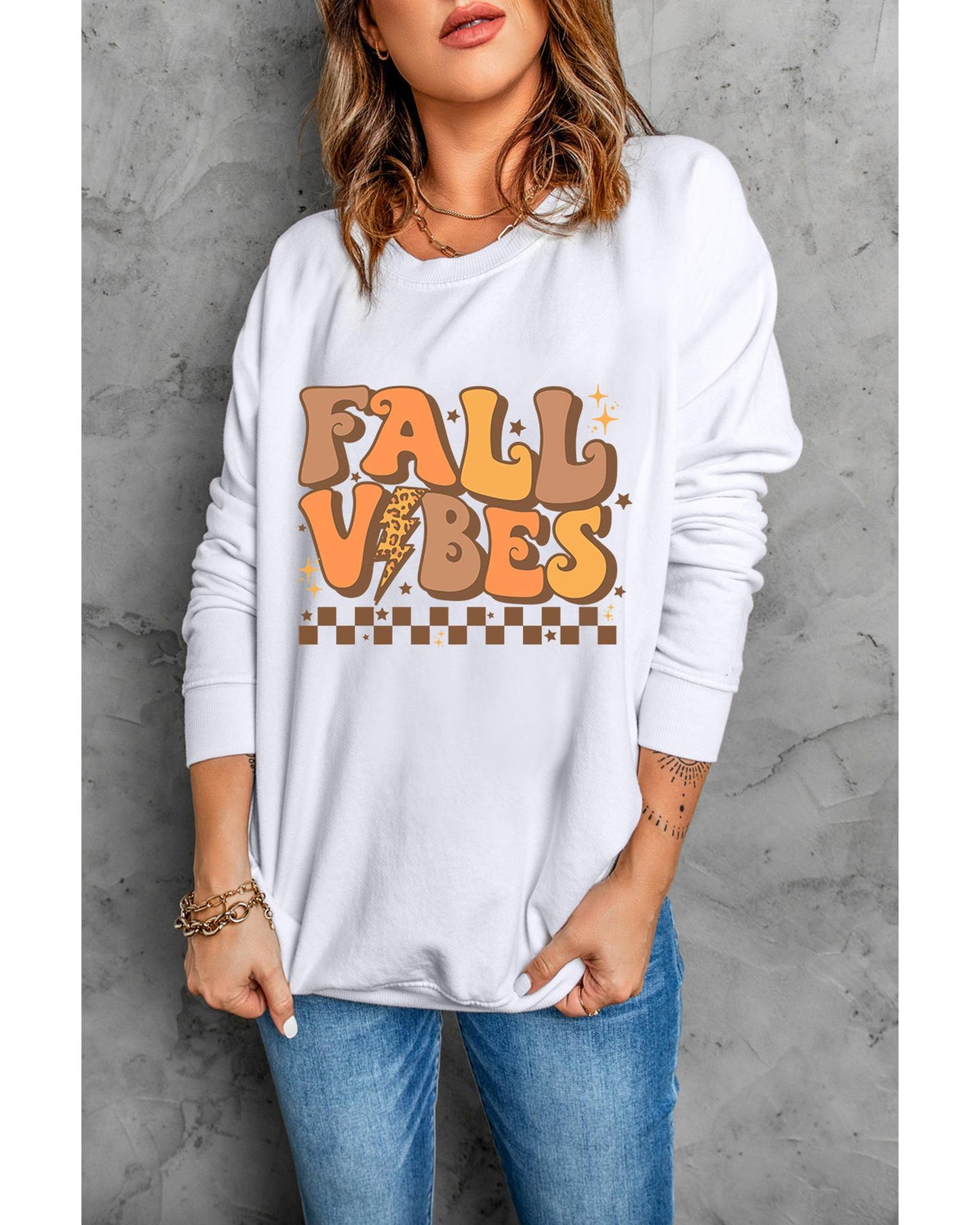 Beige FALL VIBES Graphic Drop Shoulder Sweatshirt - M