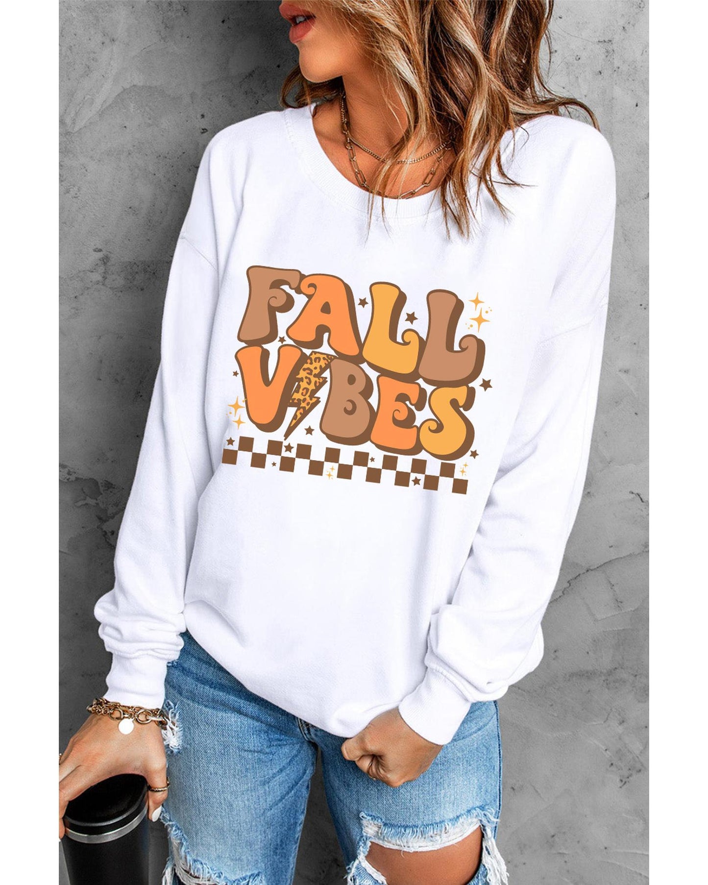 Beige FALL VIBES Graphic Drop Shoulder Sweatshirt - M