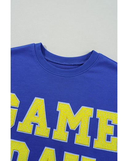 Dark Blue Game Day Crew Neck Graphic Pullover Sweatshirt - L