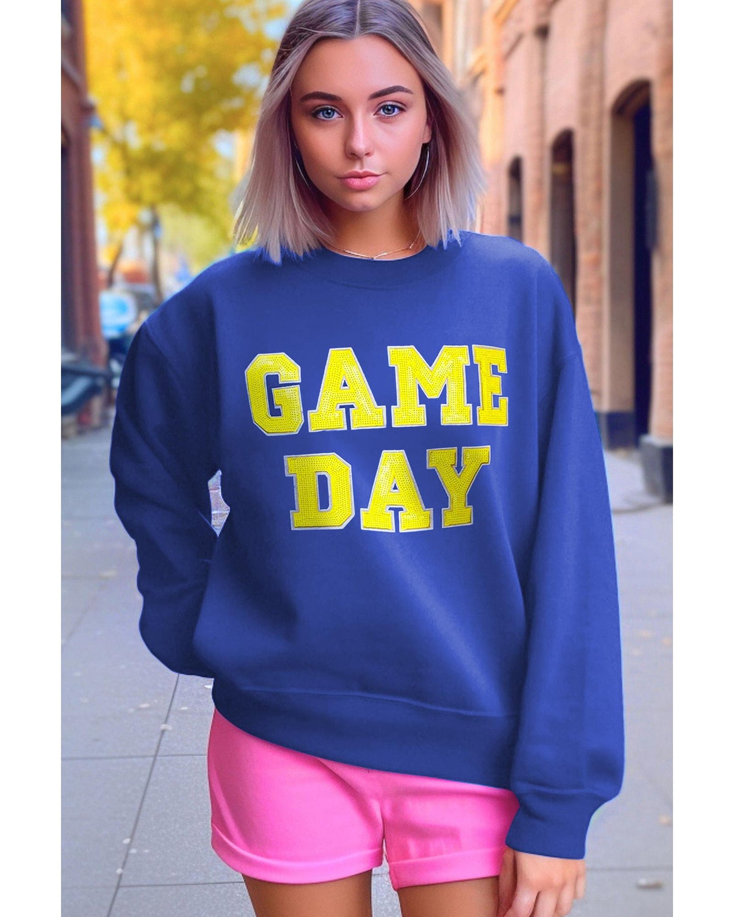 Dark Blue Game Day Crew Neck Graphic Pullover Sweatshirt - L