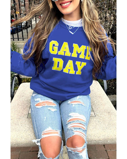 Dark Blue Game Day Crew Neck Graphic Pullover Sweatshirt - XL