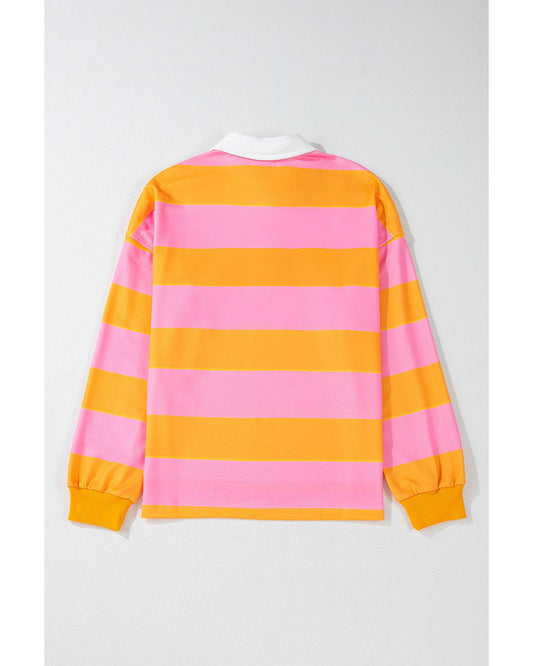 Yellow Stripe Color Block Polo Collar Sweatshirt - L
