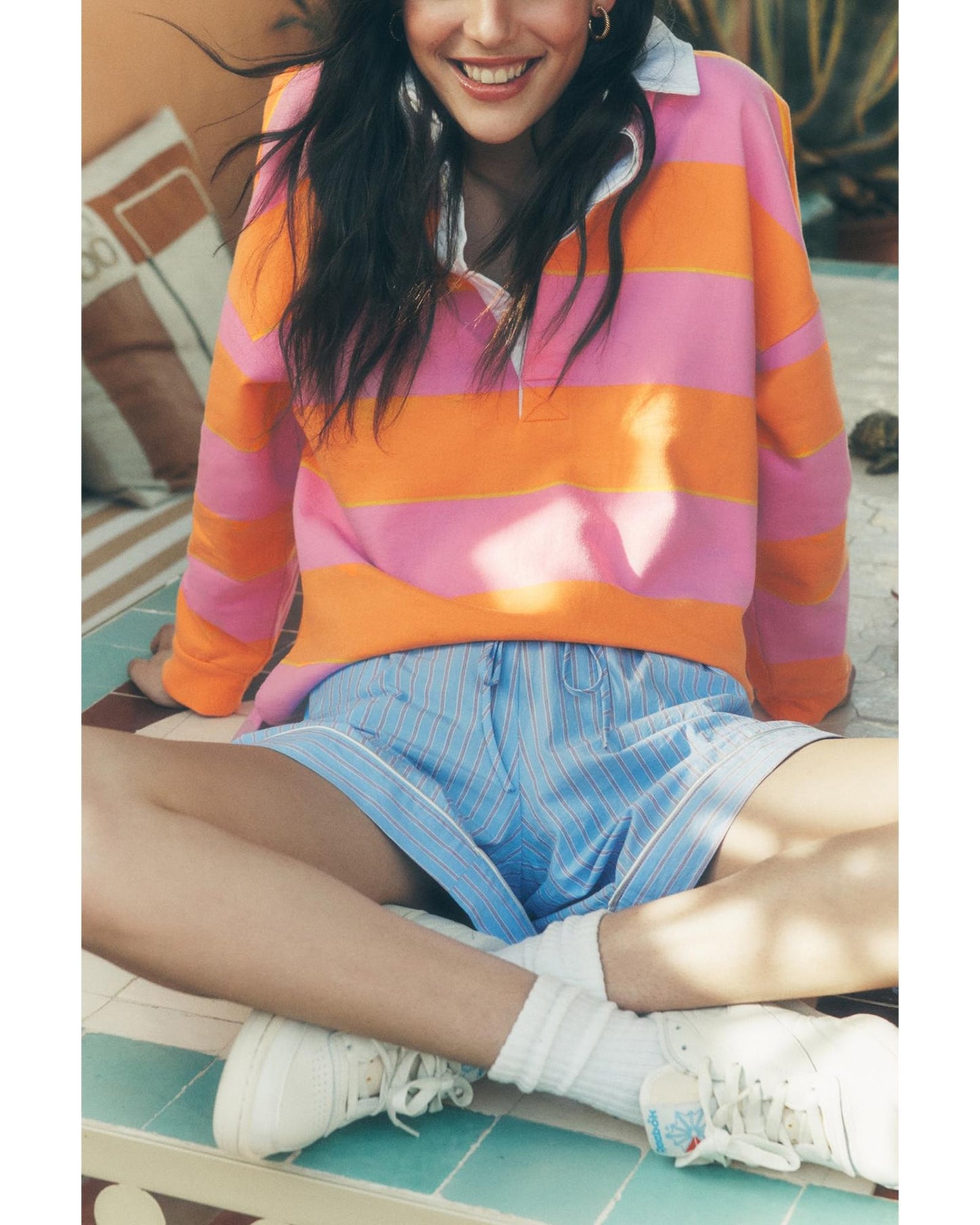 Yellow Stripe Color Block Polo Collar Sweatshirt - L