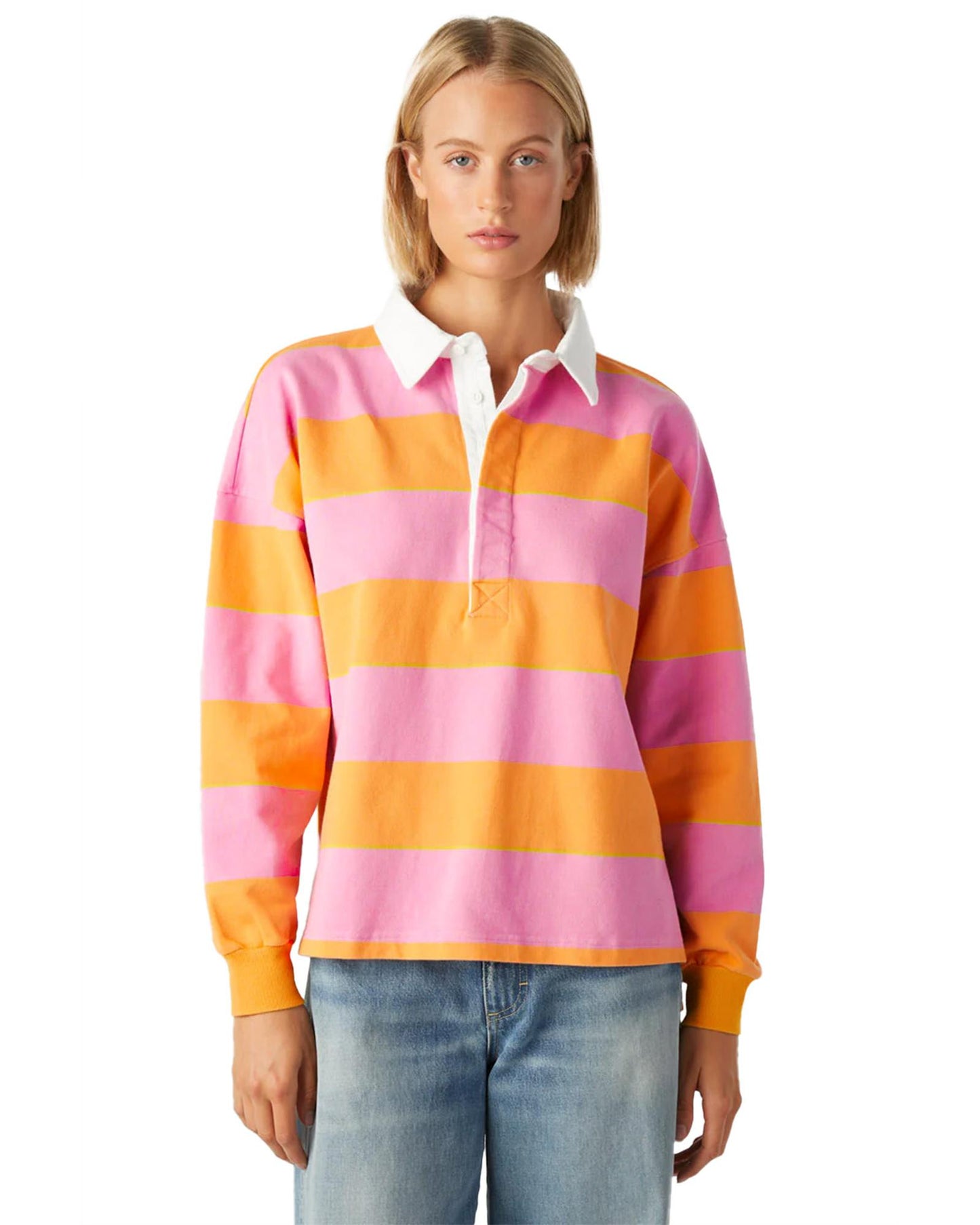 Yellow Stripe Color Block Polo Collar Sweatshirt - L