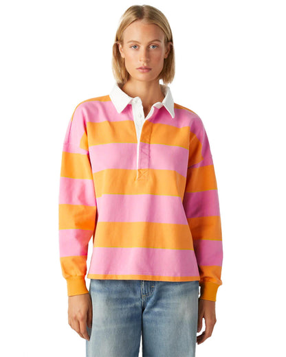 Yellow Stripe Color Block Polo Collar Sweatshirt - L
