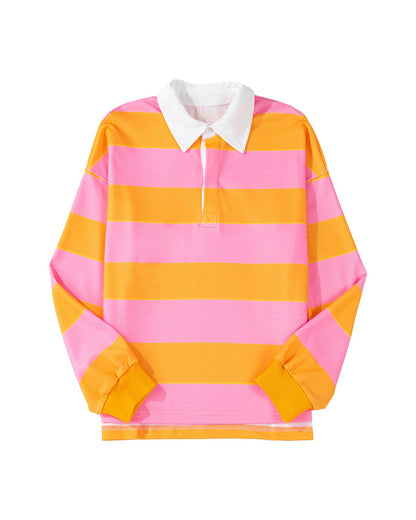 Yellow Stripe Color Block Polo Collar Sweatshirt - L