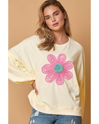 Beige Tinsel Flower Dropped Puff Sleeve Sweatshirt - L