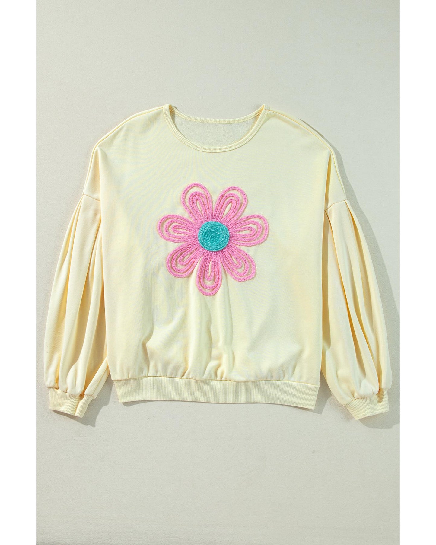 Beige Tinsel Flower Dropped Puff Sleeve Sweatshirt - M