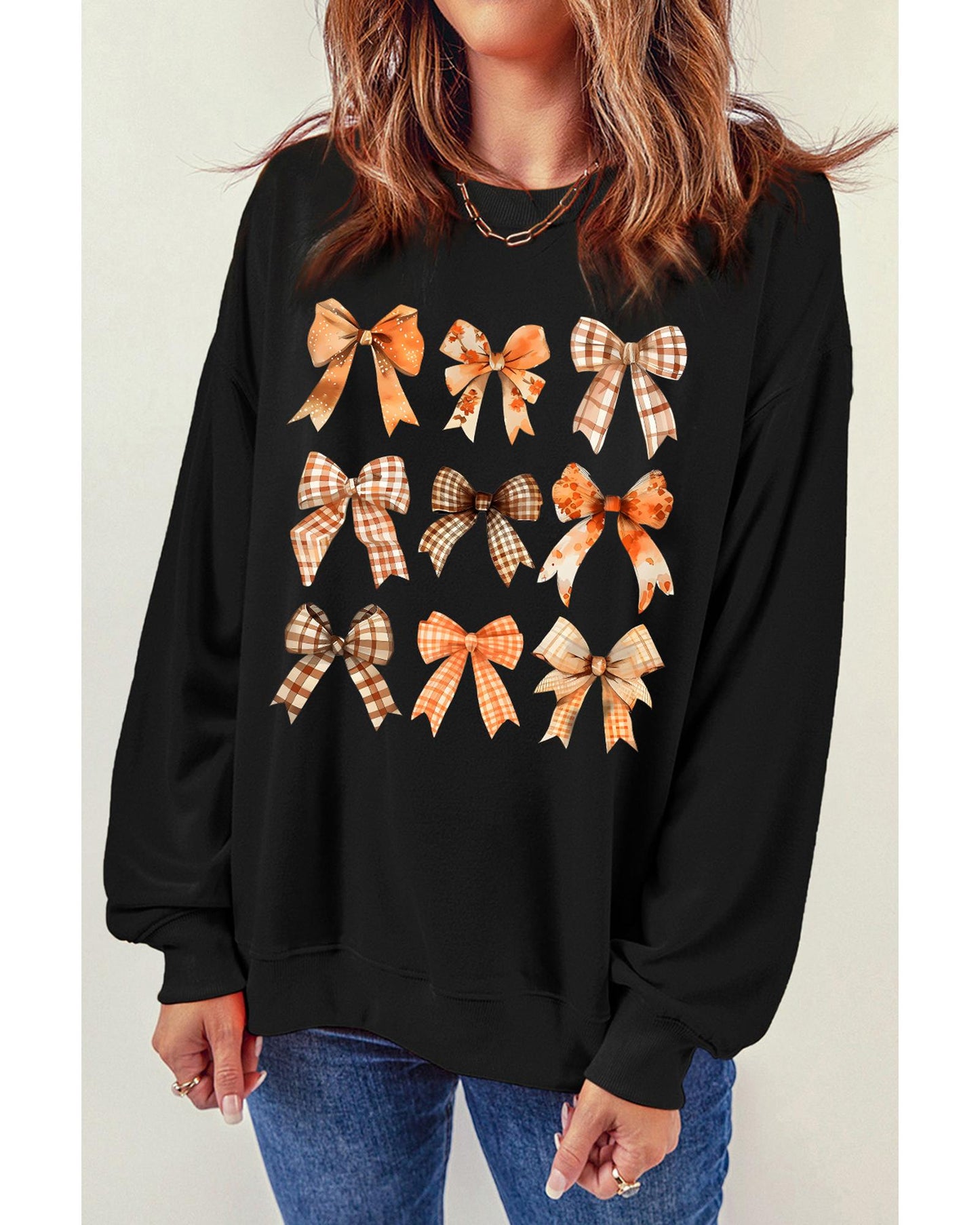 Black Thanksgiving Spice Bowknot Graphic Sweatshirt - M