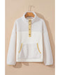 Beige Fleece Colorblock Trim Buttons Collar Sweatshirt with Pocket - L