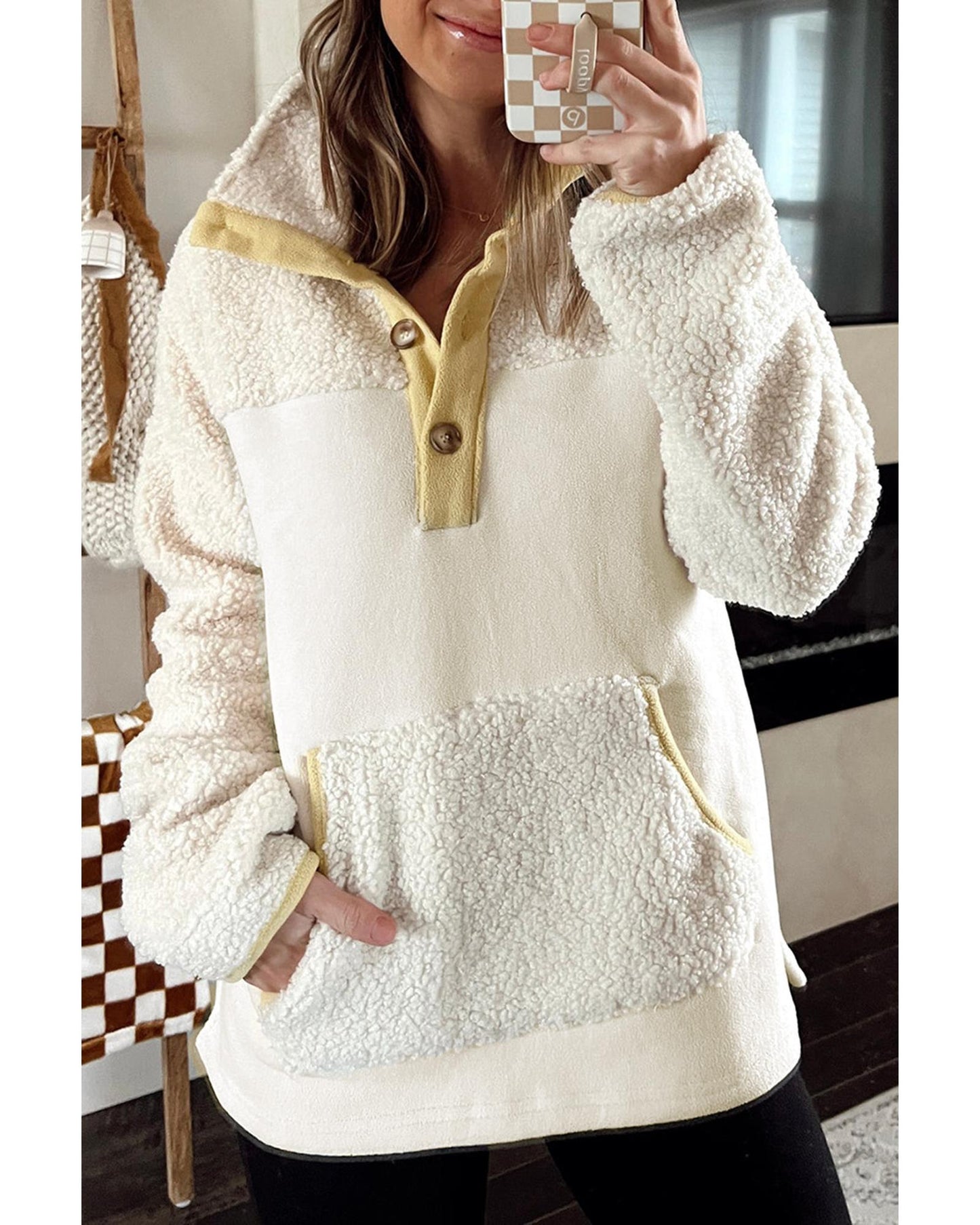 Beige Fleece Colorblock Trim Buttons Collar Sweatshirt with Pocket - L