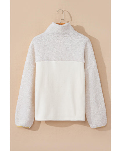 Beige Fleece Colorblock Trim Buttons Collar Sweatshirt with Pocket - L