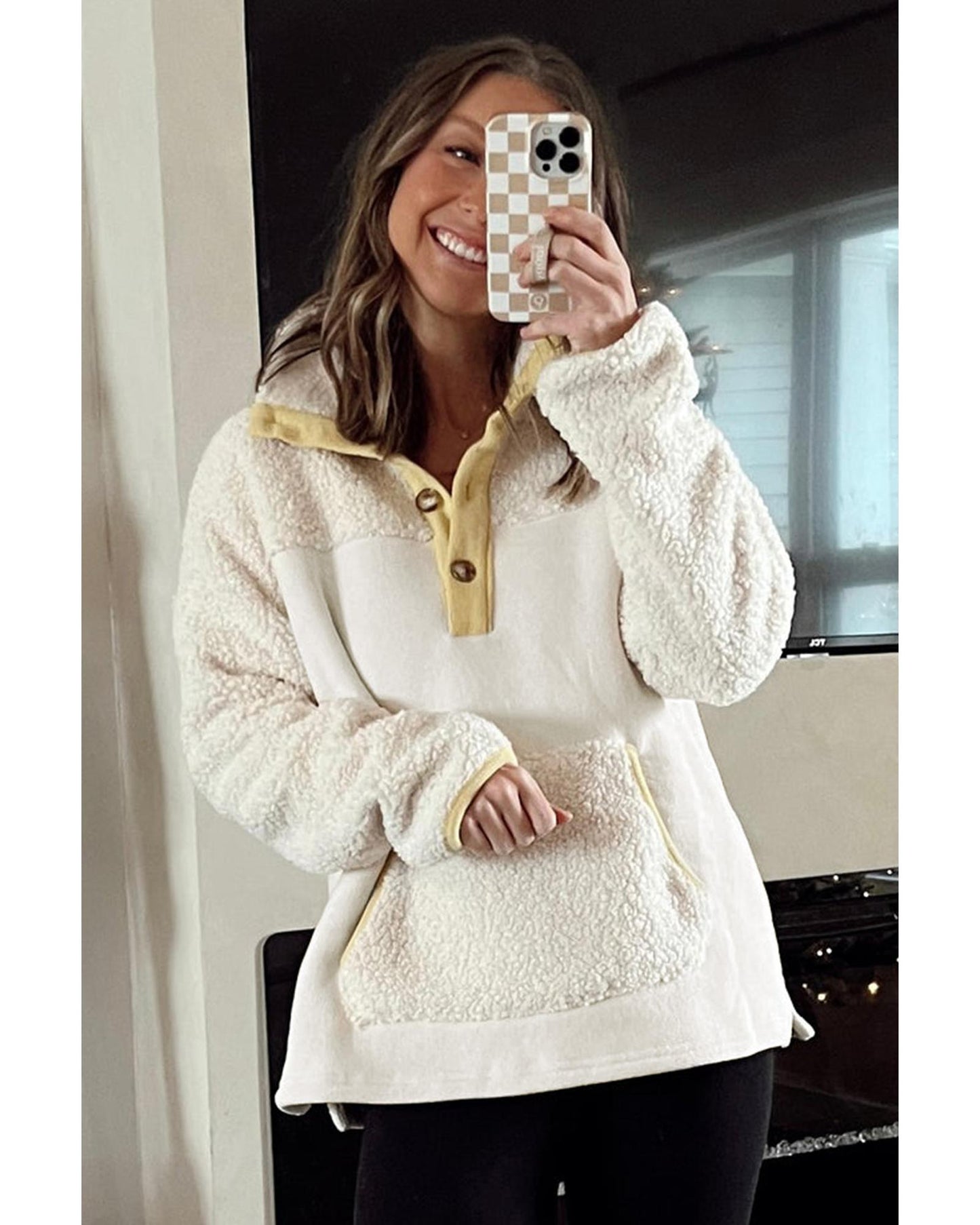Beige Fleece Colorblock Trim Buttons Collar Sweatshirt with Pocket - L