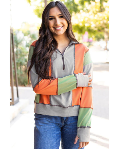 Light Grey Color Block Stitching Detail Half Zipper Sweatshirt - 2XL