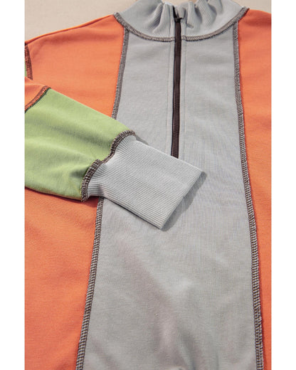 Light Grey Color Block Stitching Detail Half Zipper Sweatshirt - 3XL