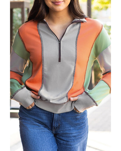 Light Grey Color Block Stitching Detail Half Zipper Sweatshirt - 3XL