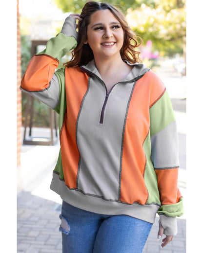 Light Grey Color Block Stitching Detail Half Zipper Sweatshirt - 3XL