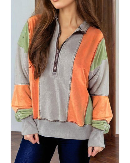 Light Grey Color Block Stitching Detail Half Zipper Sweatshirt - 3XL