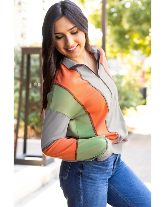 Light Grey Color Block Stitching Detail Half Zipper Sweatshirt - L