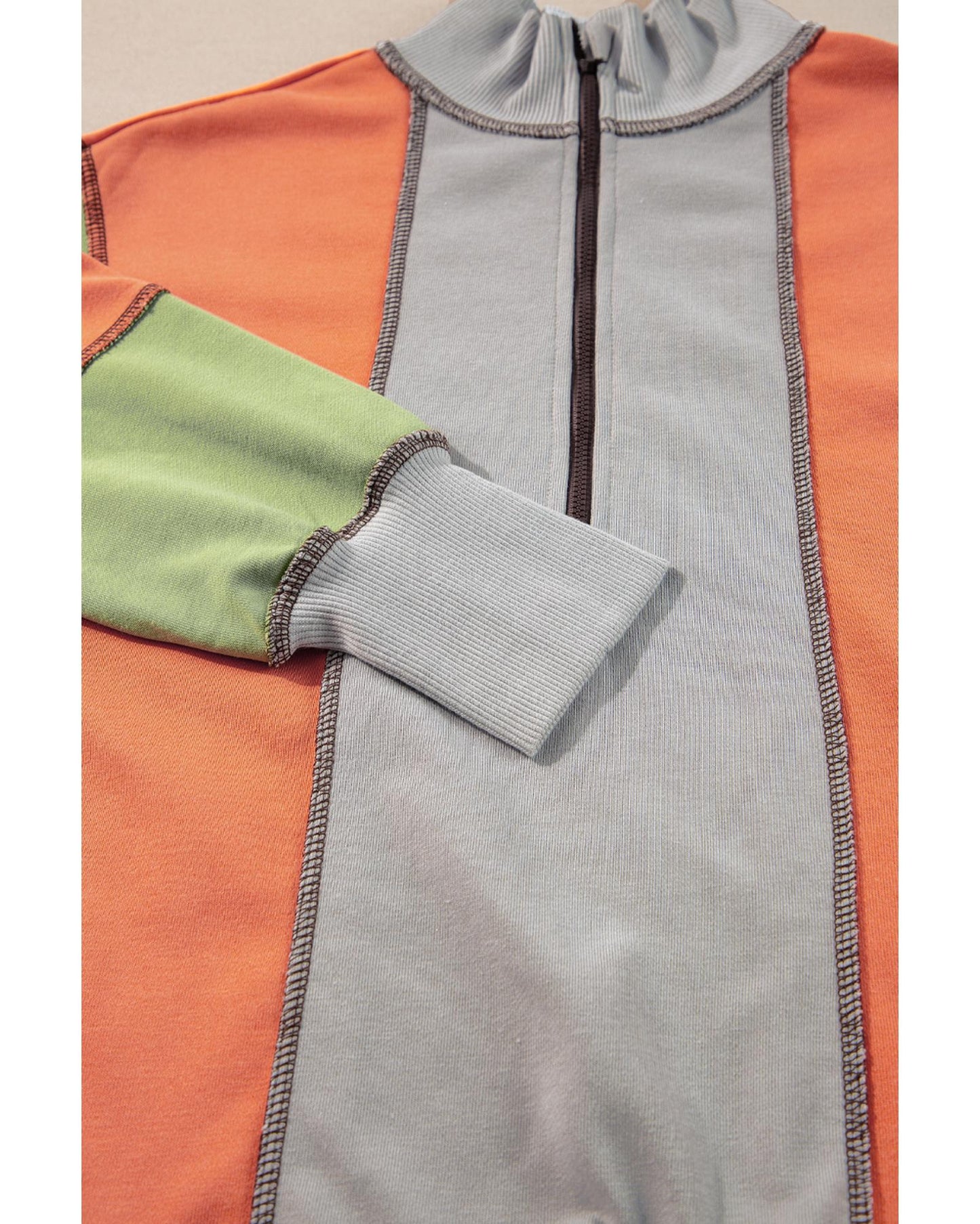 Light Grey Color Block Stitching Detail Half Zipper Sweatshirt - L