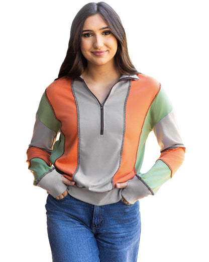 Light Grey Color Block Stitching Detail Half Zipper Sweatshirt - L
