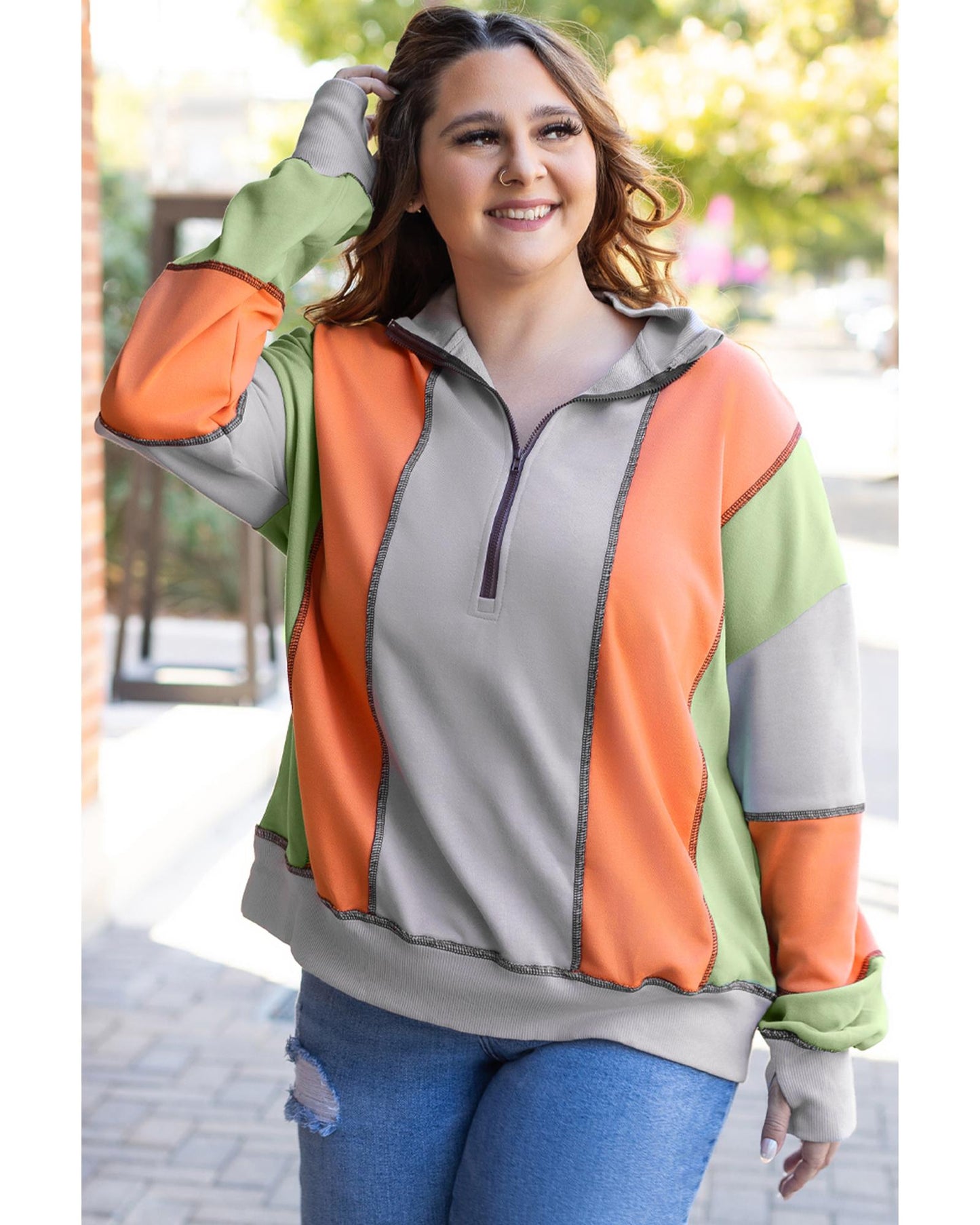 Light Grey Color Block Stitching Detail Half Zipper Sweatshirt - L