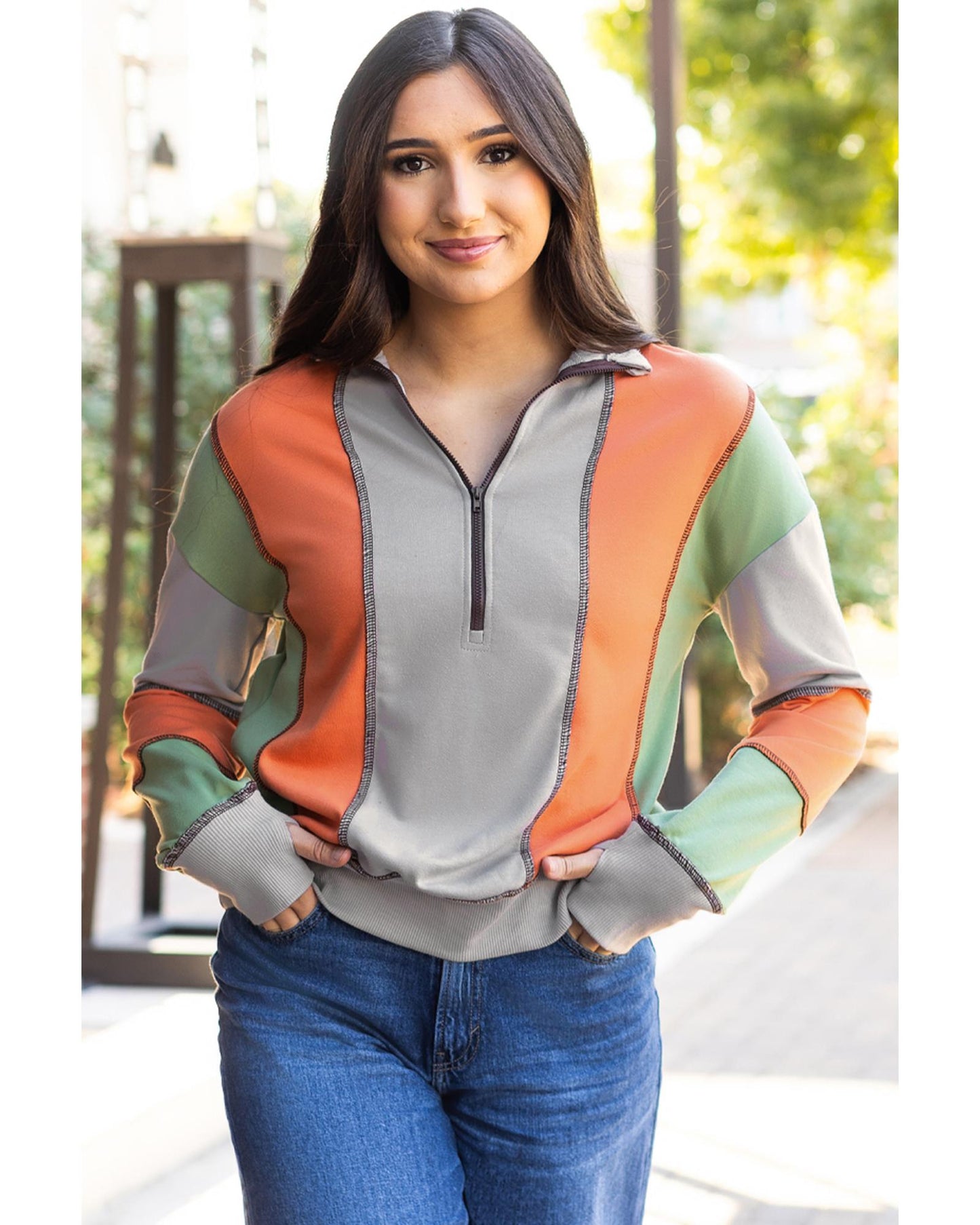 Light Grey Color Block Stitching Detail Half Zipper Sweatshirt - L