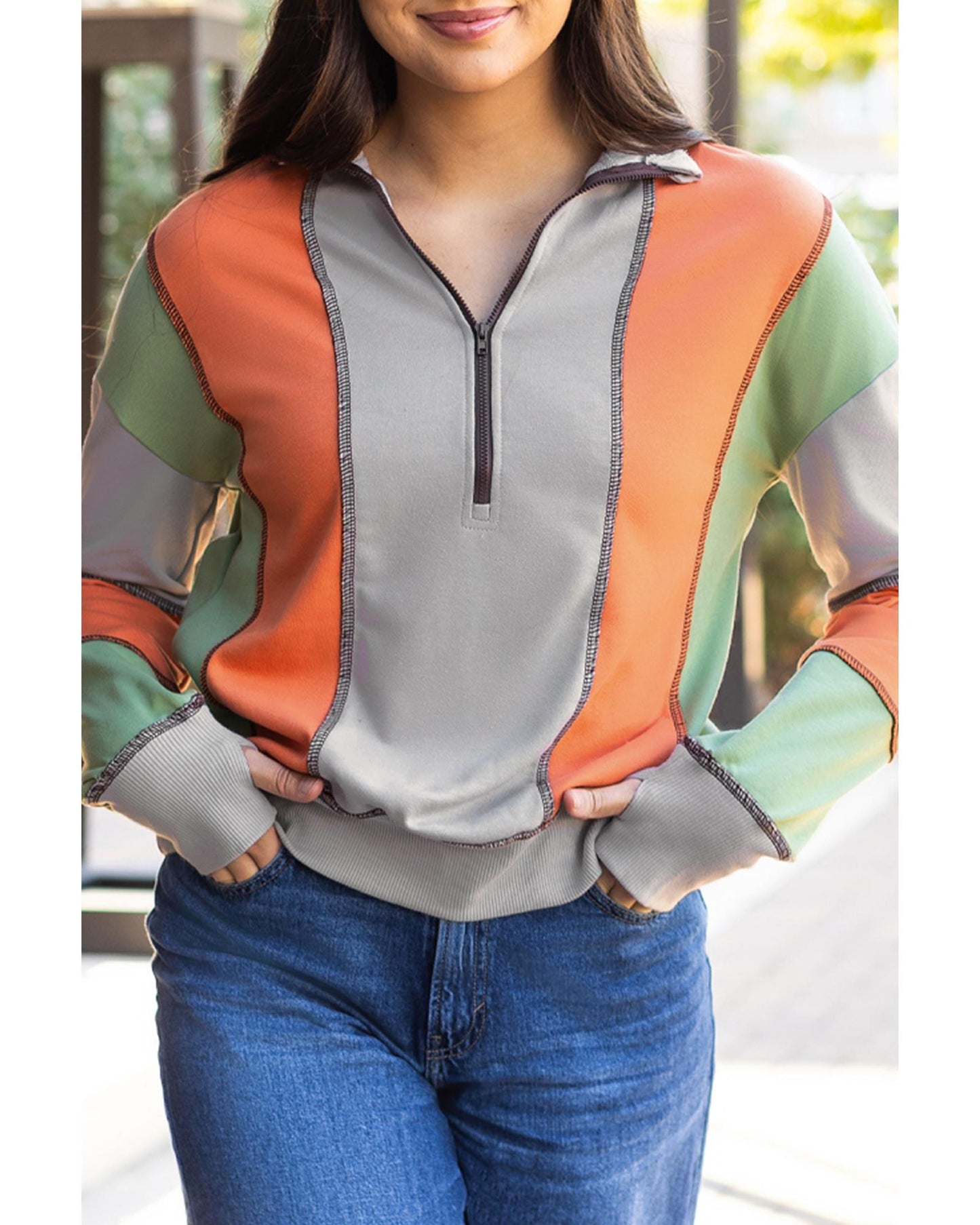 Light Grey Color Block Stitching Detail Half Zipper Sweatshirt - M