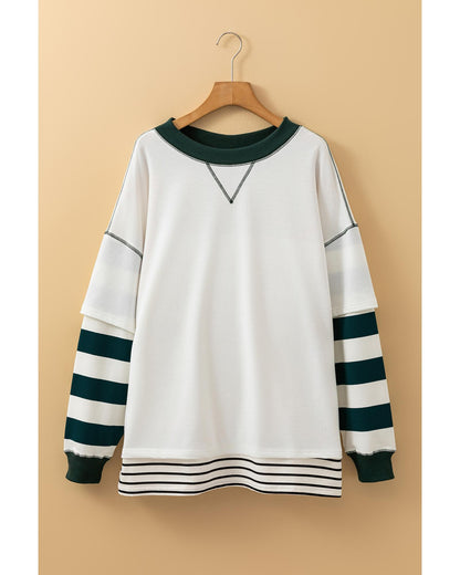 White Stripe Colorblock Sleeve Exposed Seam Fake-2-Piece Sweatshirt - XL