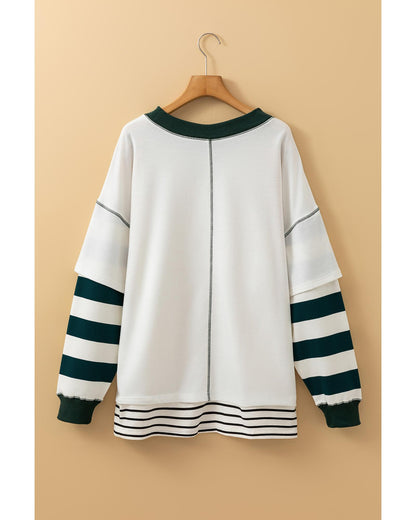 White Stripe Colorblock Sleeve Exposed Seam Fake-2-Piece Sweatshirt - XL