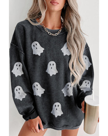 Black Halloween Ghost Corded Crew Neck Loose Sweatshirt - 2XL