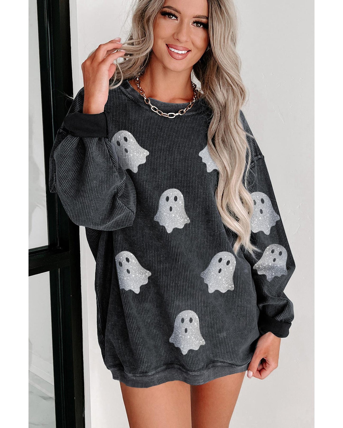 Black Halloween Ghost Corded Crew Neck Loose Sweatshirt - M