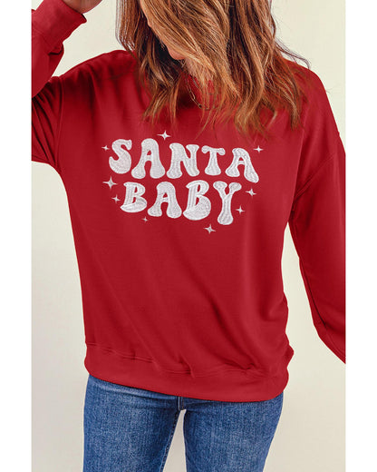 Red SANTA BABY Embroidered Crewneck Christmas Sweatshirt - XL